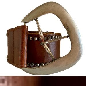 WIDE Brown STUDDED Western Inspired BELT With Silver Buckle M/L
